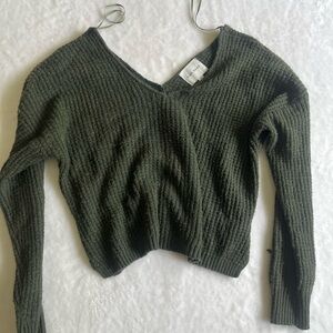 Olive Green V-Neck Ribbed Sweater